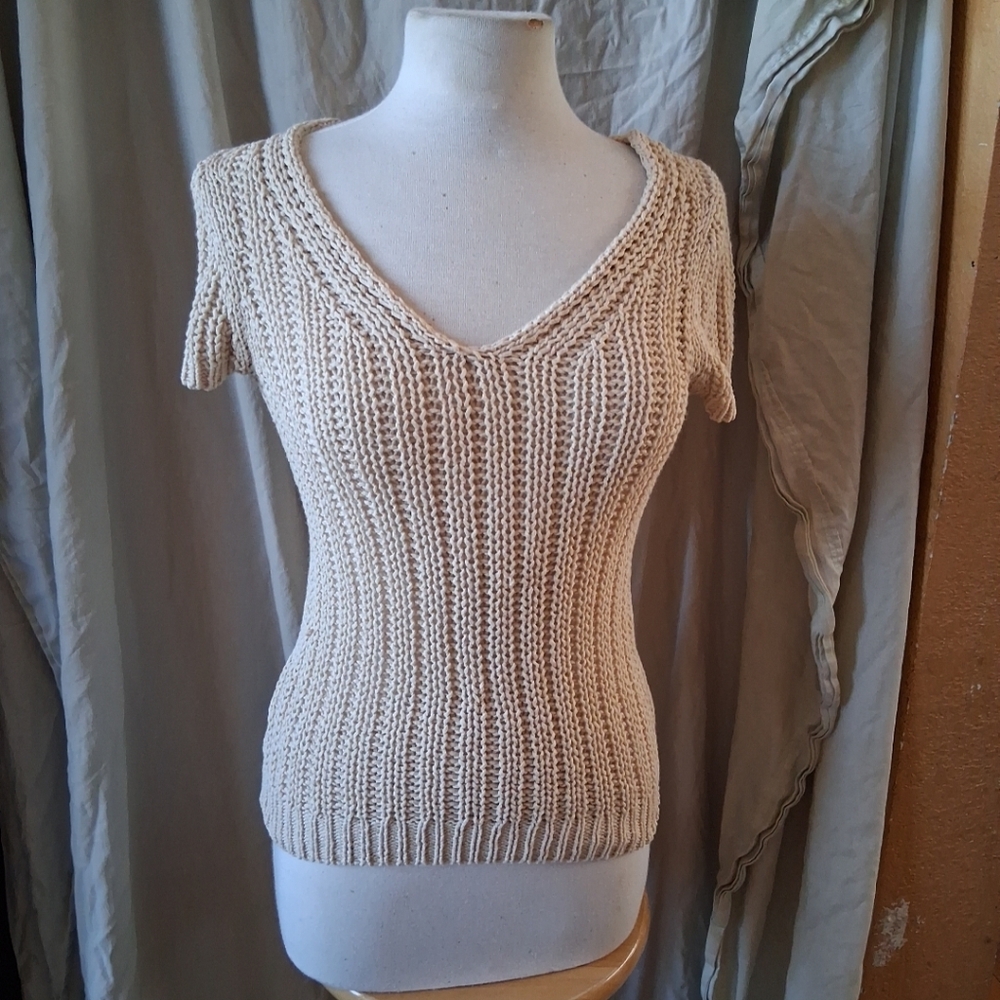 Loft Beige Cableknit Stretch Sweater V-Neck Classic Small Preppy Classic